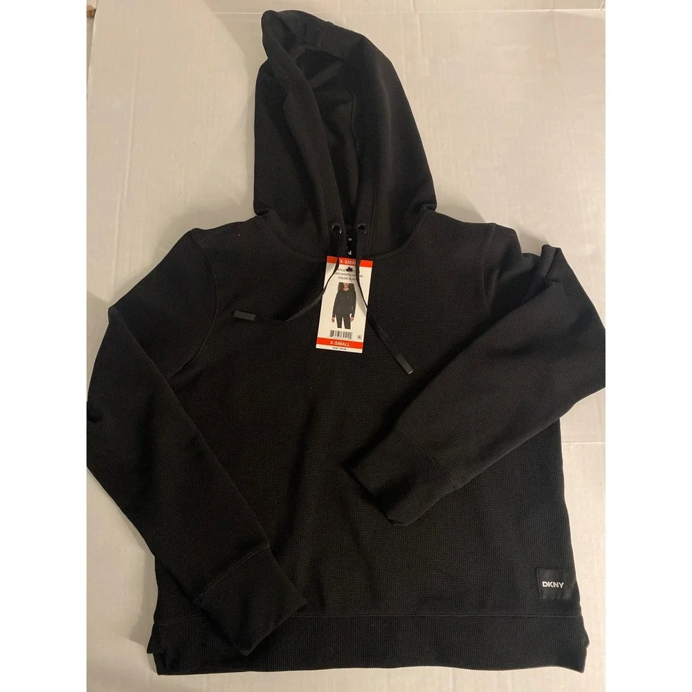 DKNY Tech Waffle Hoodie Black Long Sleeve Thermal Pullover Womens XS Casual - Picture 1 of 9